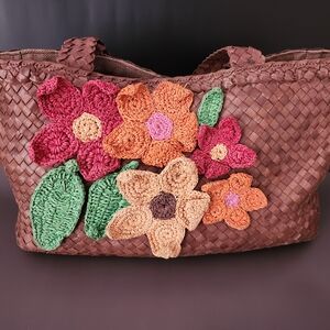 Paolo Masi Brown Tote with Colorful Floral Accents